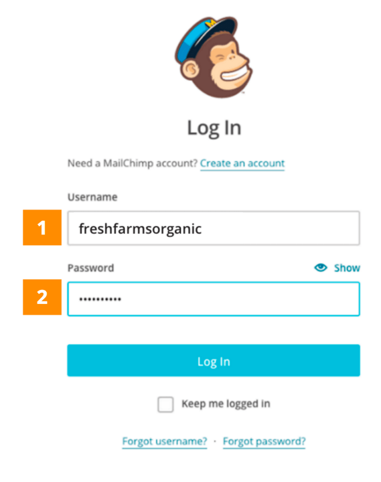 Mailchimp login, asking for username and password. 