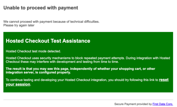 Unable to proceed with payment error message.