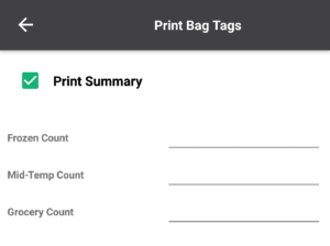 Print Bag Tags information menu. 