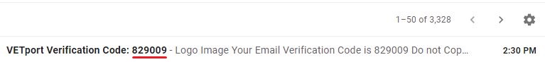 VETport Verification Code in Email Inbox