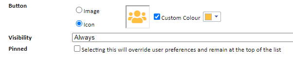 Button icon and custom color fields with the pin option unchecked