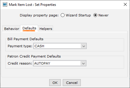 Wizard properties defaults tab