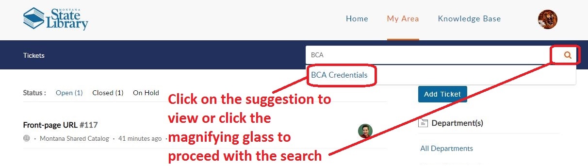 Keyword search for BCA produces a ticket search suggestion of BCA Credentials