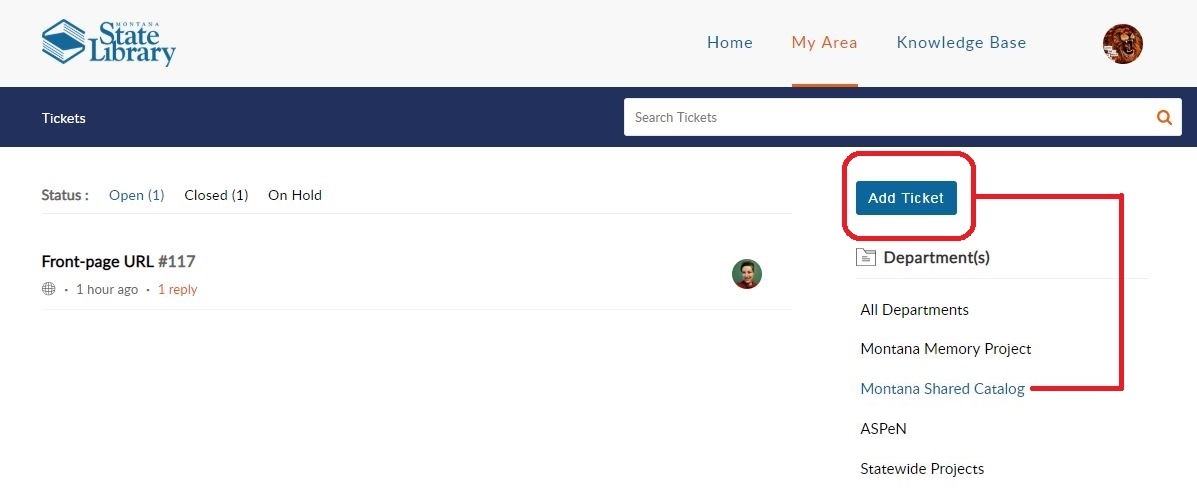 Add Ticket button in My Area Page with Montana Shared Catalog highlighted in list of departments