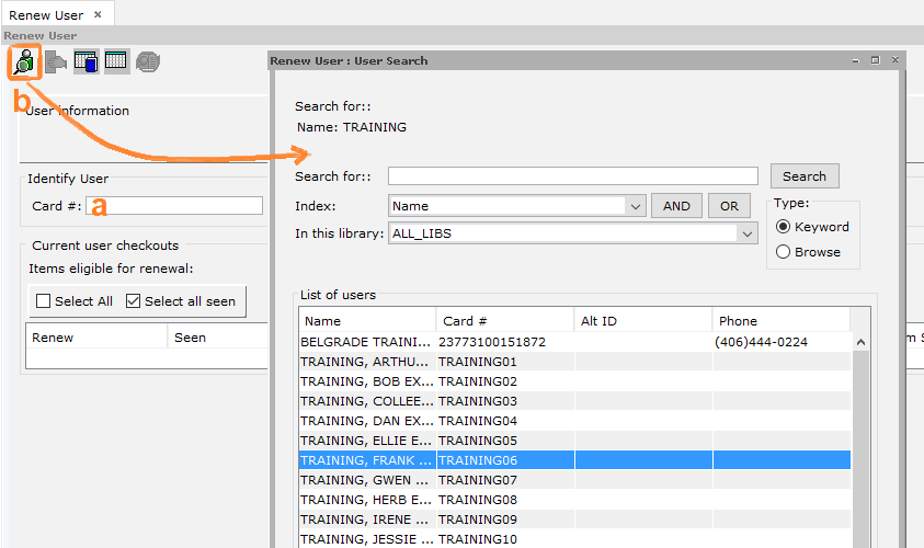 Renew User wizard with item ID field and User Search helper highlighted