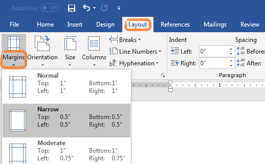 Layout tab in Word with Narrow highlighted in Margins drop-down