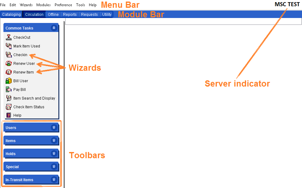 WorkFlows test session highlighting the menu, modules, toolbars, wizards and server
