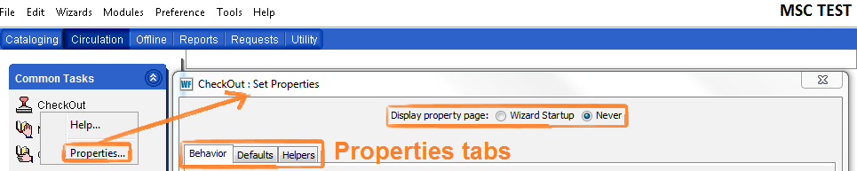 Wizard Set Properties pop-up with properties tabs and display options highlighted