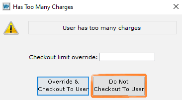 User has too many charges pop-up with button highlighted