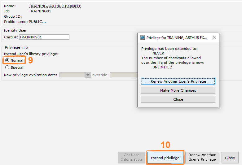 Renewing Privilege wizard with sample patron pulled up and privilege pop-up displayed