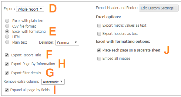 Export formatting options window
