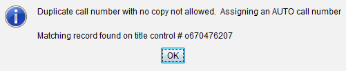 Error message containing title control number for matching record