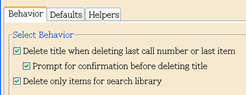 Delete Title, Call Numbers or Items properties window with Behavior tab selected