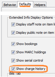 Charge History setting in the Item Search and Display wizard properties