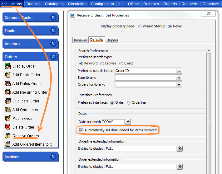 Receive Orders property window with setting highlighted