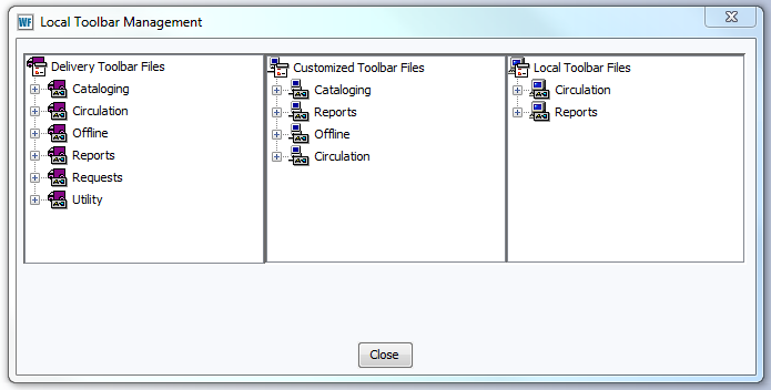 Local Toolbar Management window with Delivery, Customized and Local Toolbar File panes