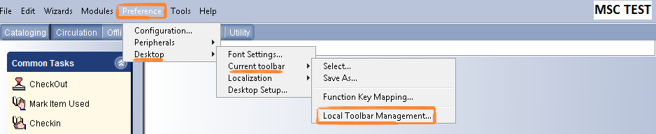 Preference drop-down with Local Toolbar Management option highlighted