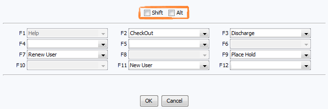 Function key mapping window with the Shift and Alt boxes highlighted