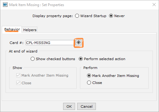 Wizard properties behavior tab with card number gadget highlighted