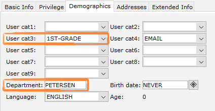Demographics tab with user cat3 and department fields highlighted for schools