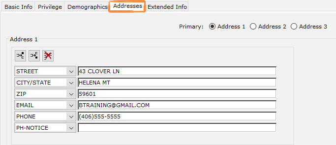 Addresses tab showing address 1 fields