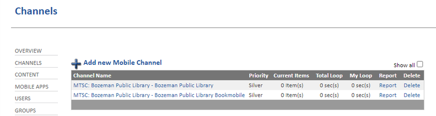 Bozeman's Channels page listing its main branch and bookmobile