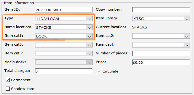 Item information with the item type, home location, and item cat1 fields highlighted
