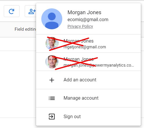 A menu showing a list of multiple logged-in Google accounts.