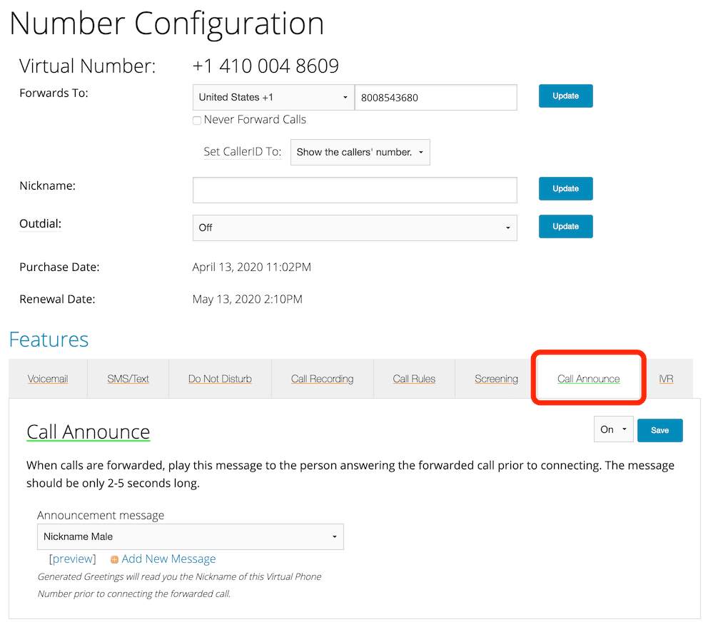 Call Announce location on Number Configuration Page