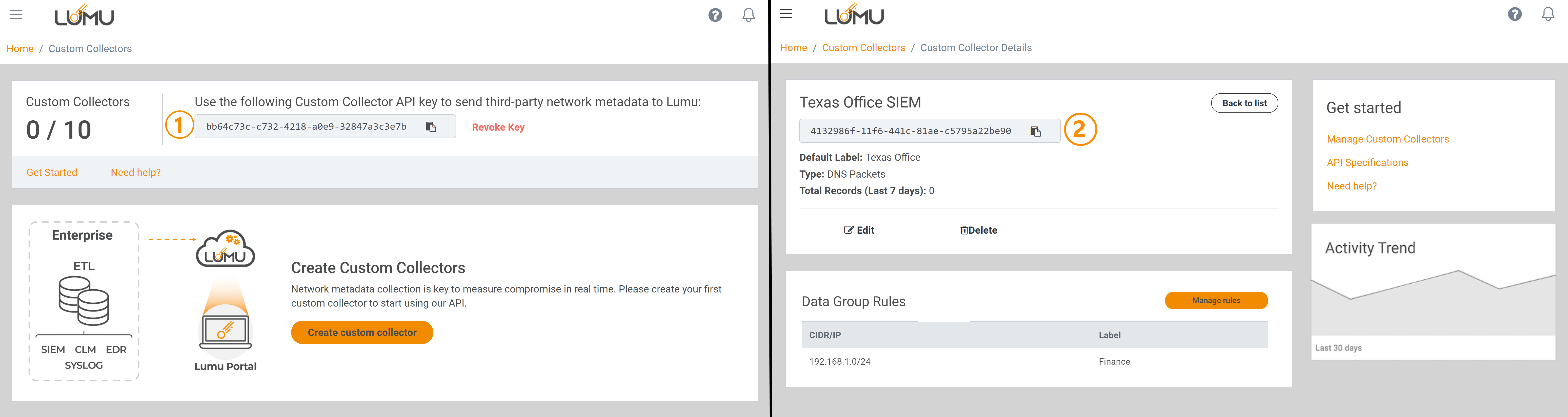 Custom Collector API management area - Lumu Portal