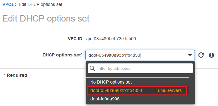 Associating DHCP options set to a VPC