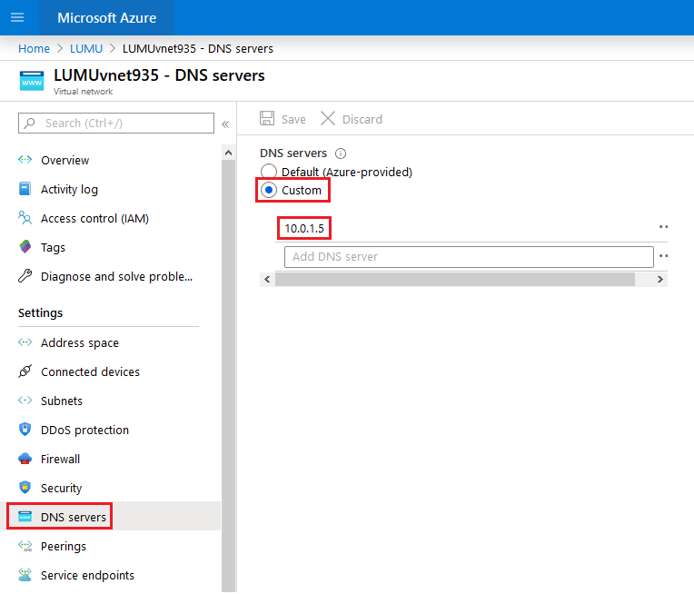 Setting Lumu VA as DNS on Azure.