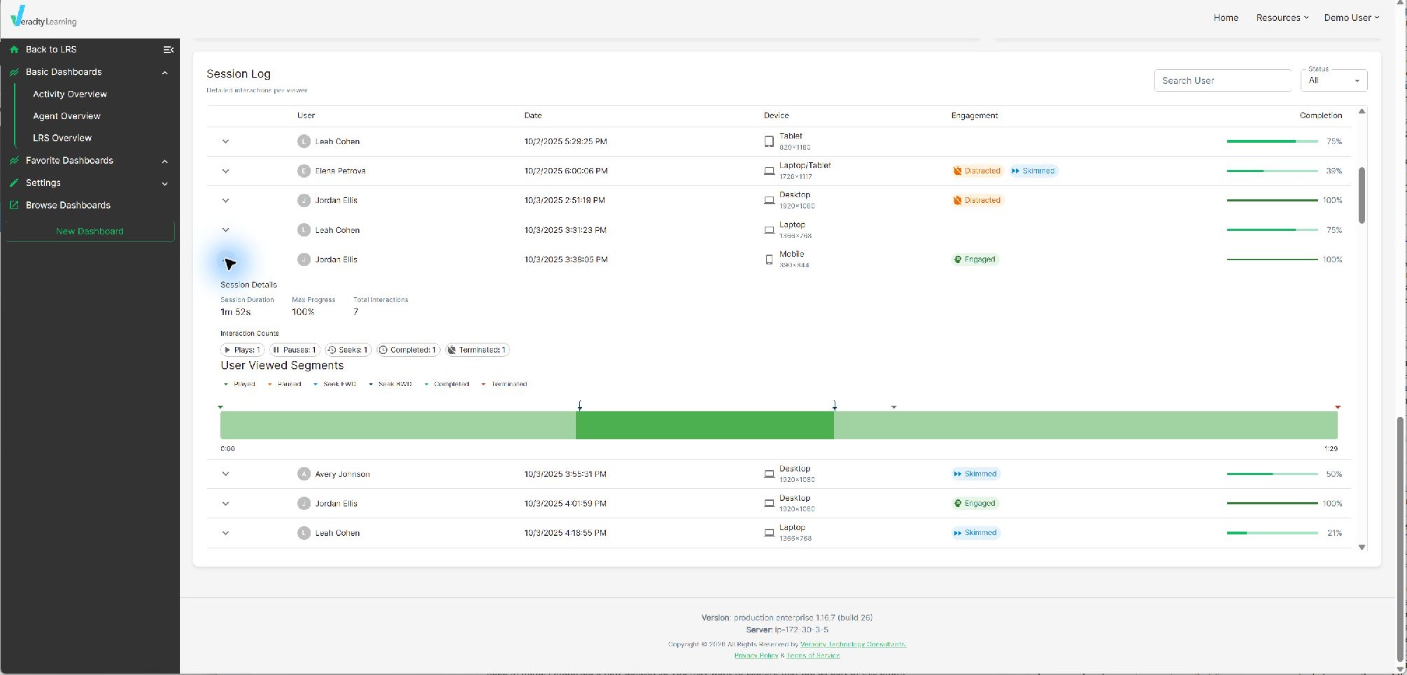 Expanded Video Analytics session with duration, progress, interaction counts, and viewed segments
