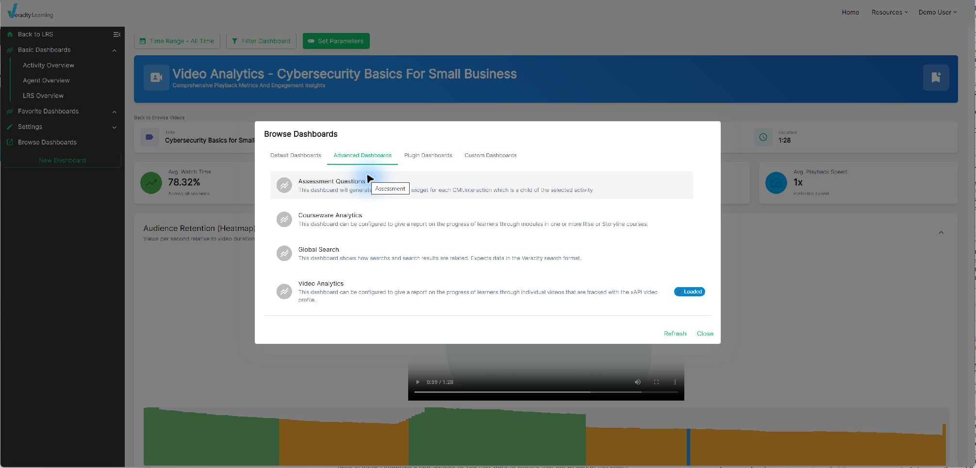 Browse Dashboards dialog with the Advanced Dashboards tab open and Video Analytics available