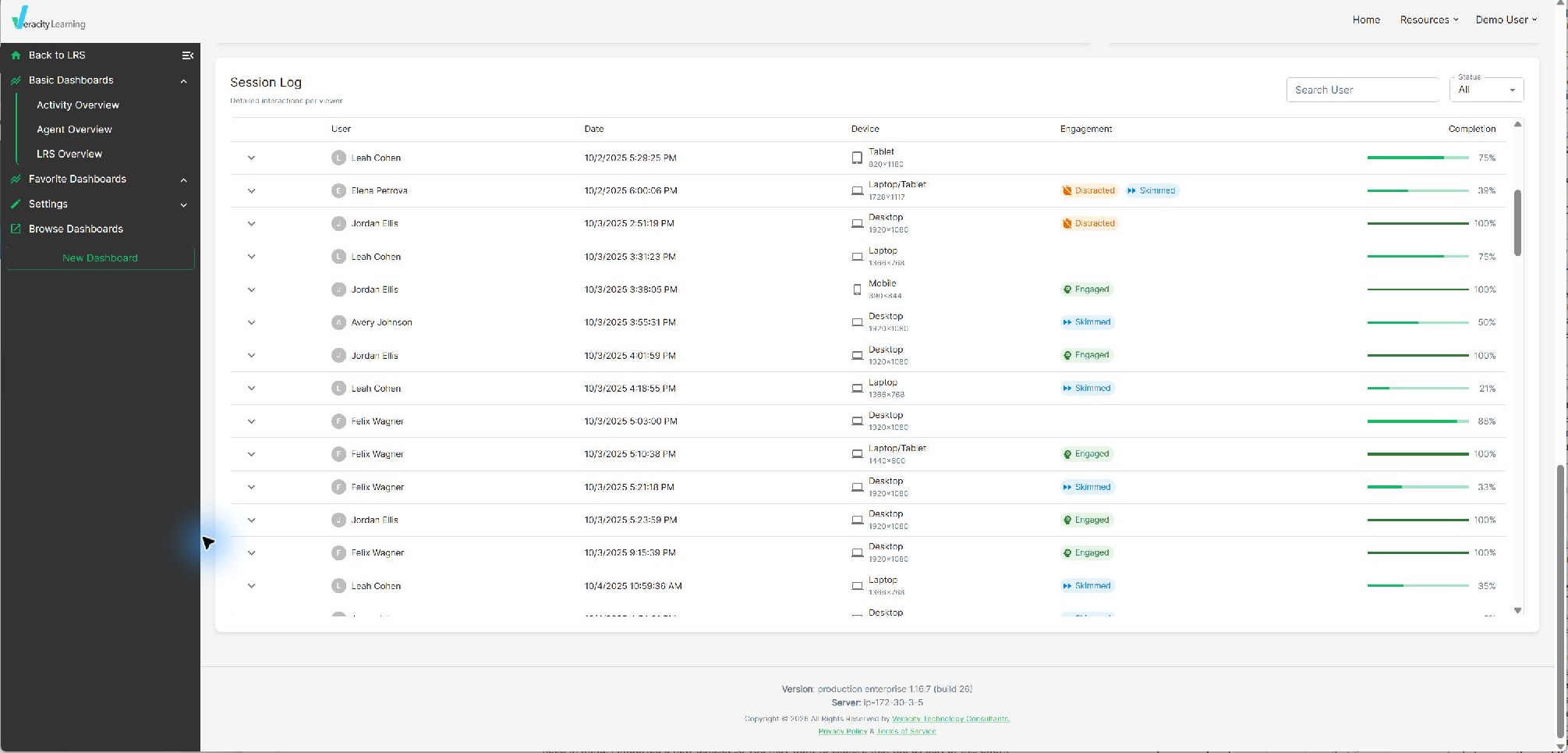 Session Log containing engaged, distracted, skimmed, and mixed video sessions