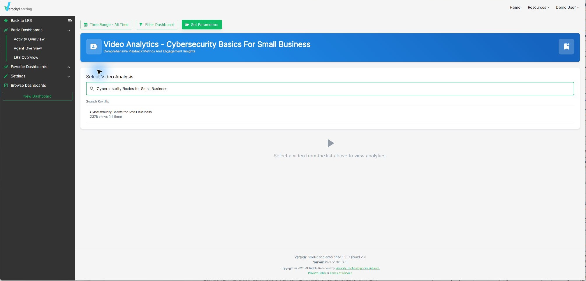 Video Analytics activity picker filtered to Cybersecurity Basics for Small Business with All Time selected