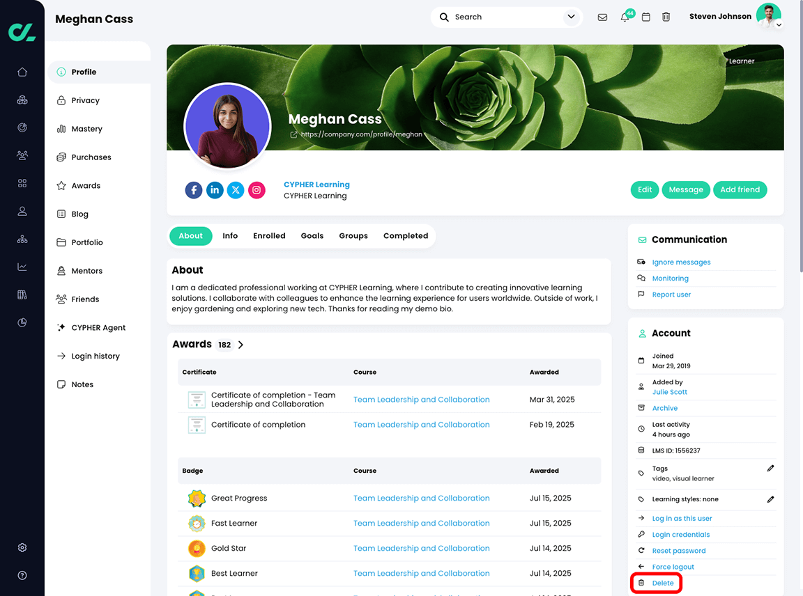User profile page with the Delete button highlighted in the Account widget