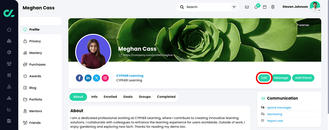 User profile page with the Edit button highlighted