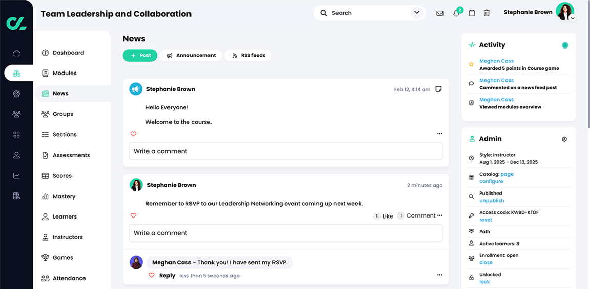 Course, News page with a list of the most recent posts