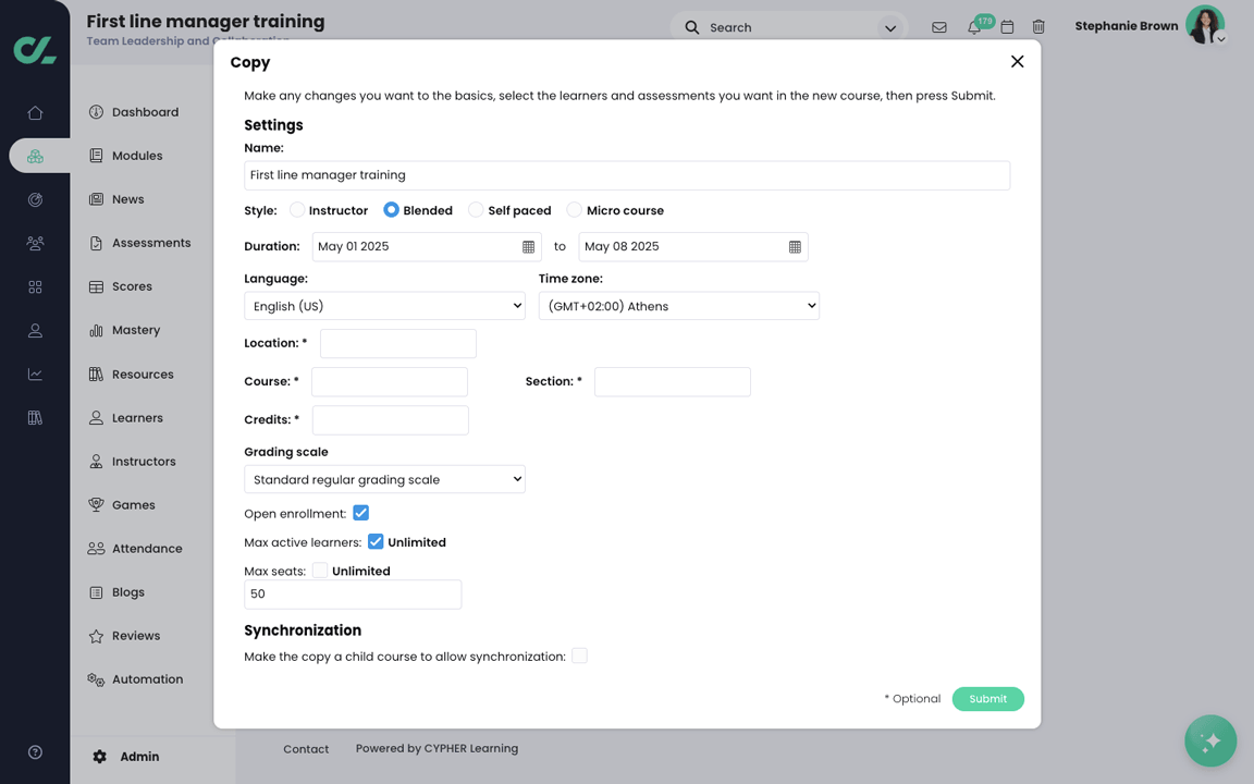 The Copy pop-up for a new course based on an existing course