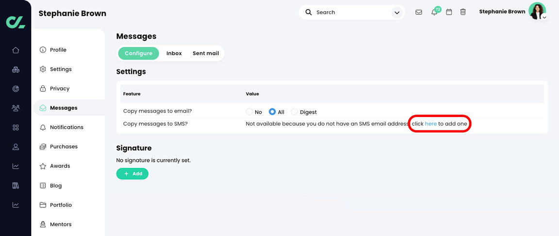 Profile, Messages, Configure tab showing how to activate the Copy messages to email settings