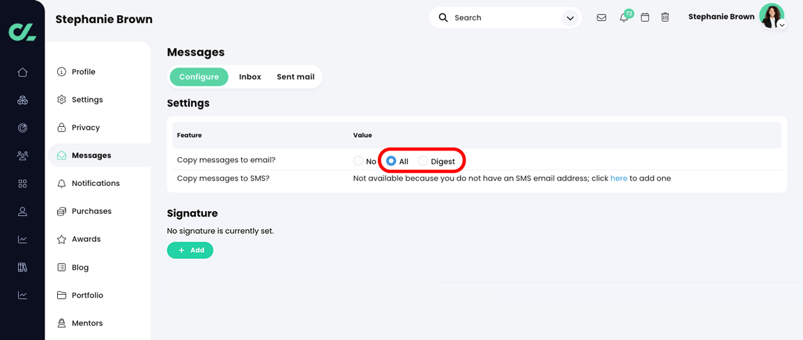 Profile, Messages, Configure tab with the Copy messages to email settings highlighted