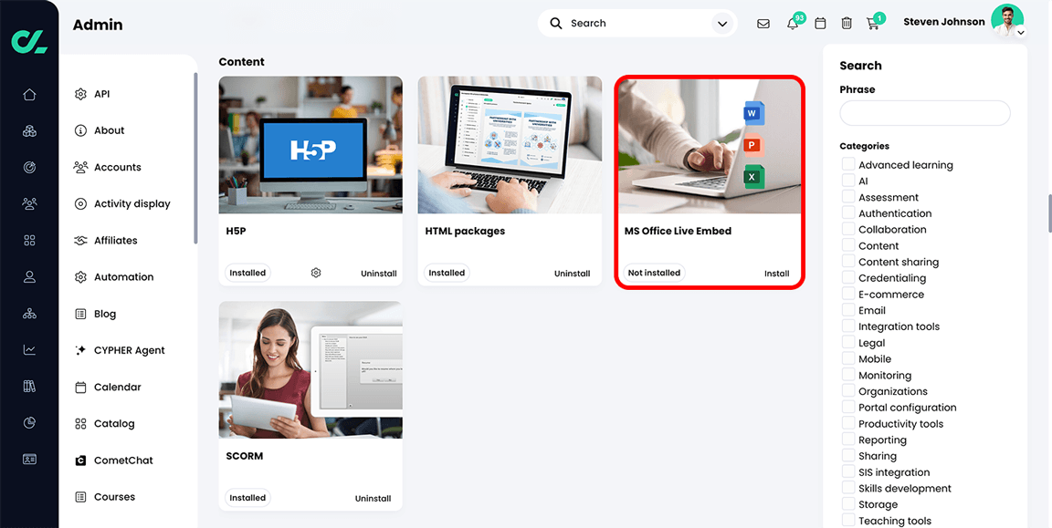 Admin, App center with the MS Office Live Embed app highlighted in the Content section