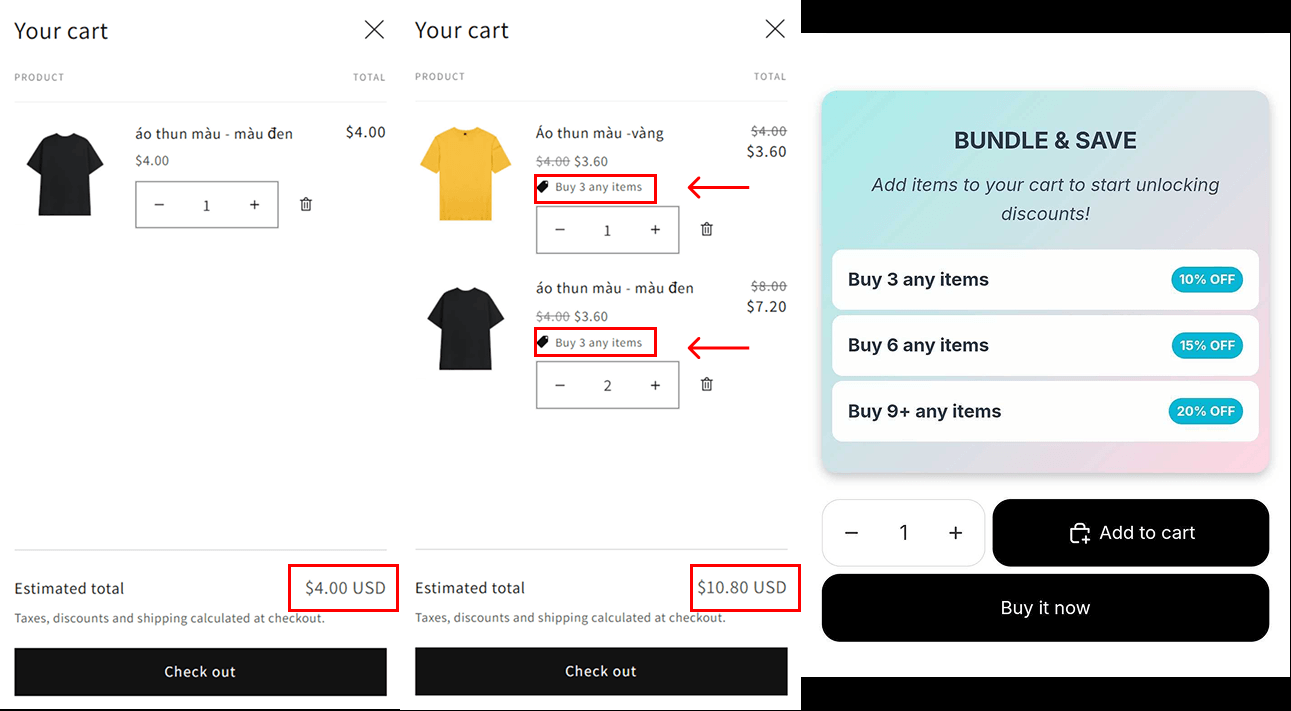 Before and After adding enough items to one discount tier - Volume Discount