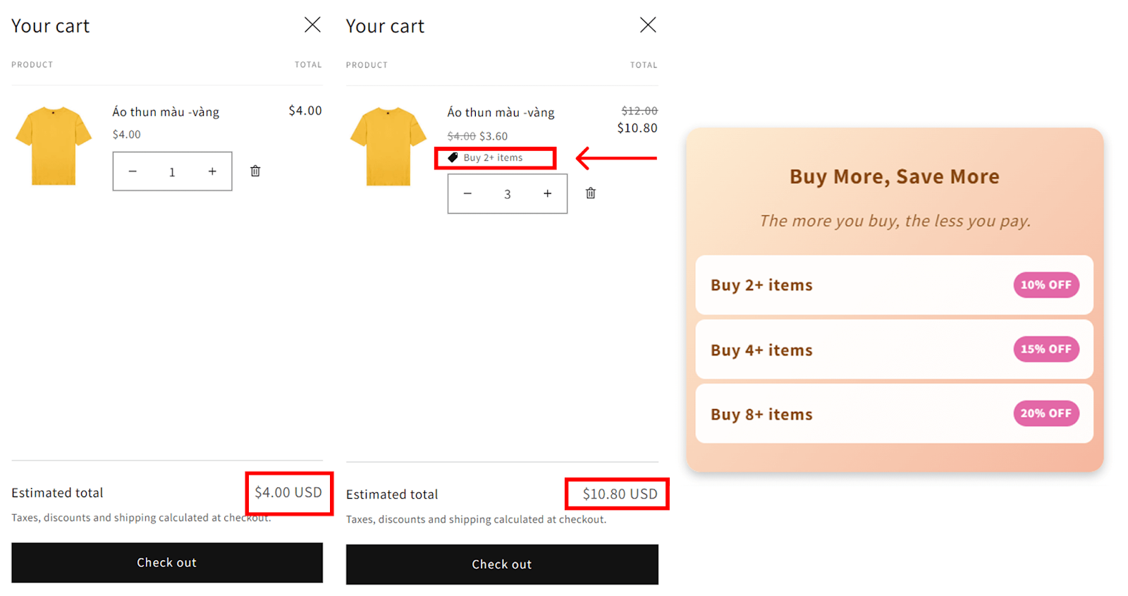 Before and After adding enough items to one discount tier - Quantity Discount