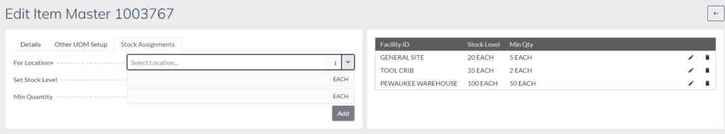 Item Master restock quantity level setup by facility