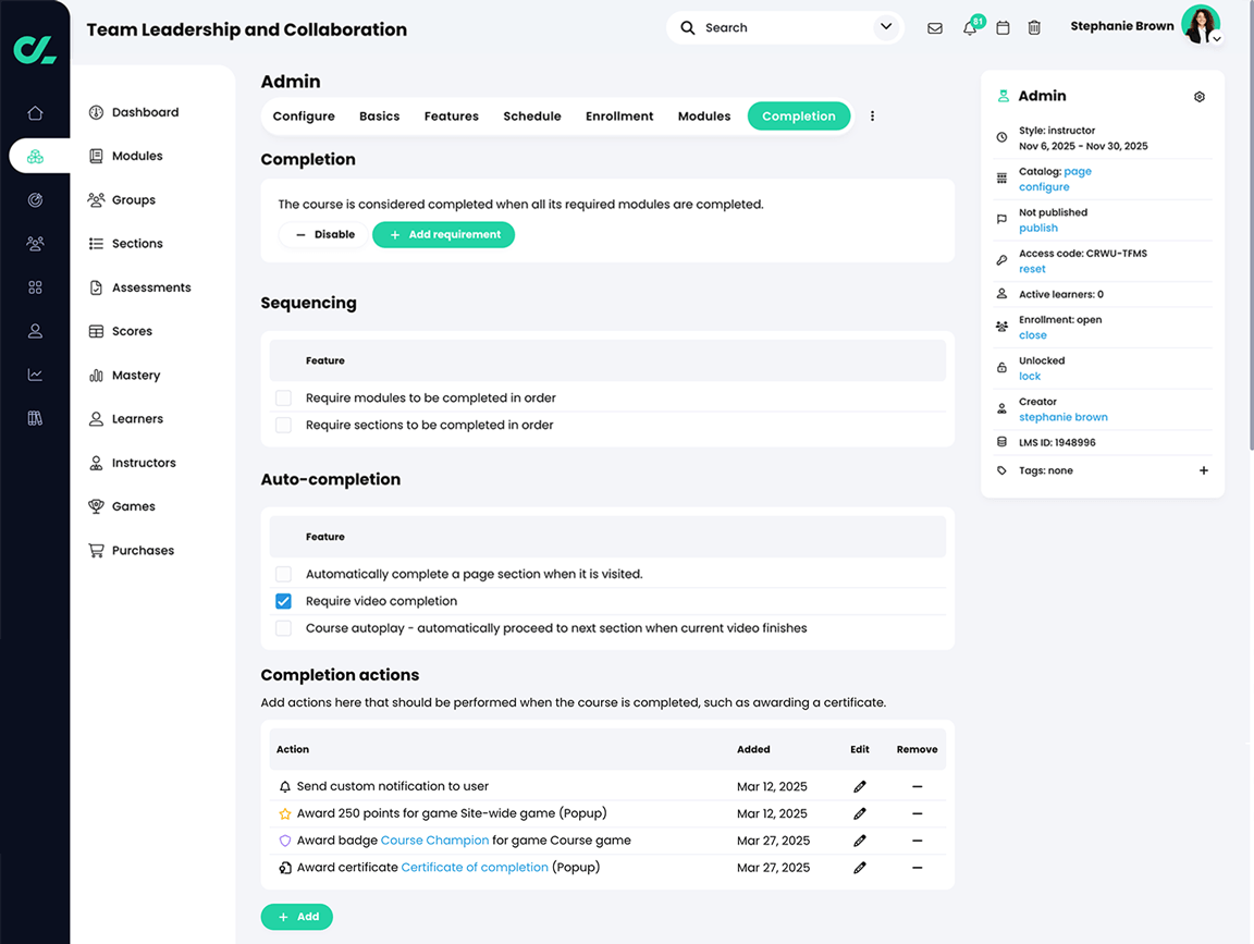 Course, Admin, Completion tab with multiple Completion actions added