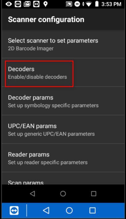 Decoders option in scanner settings