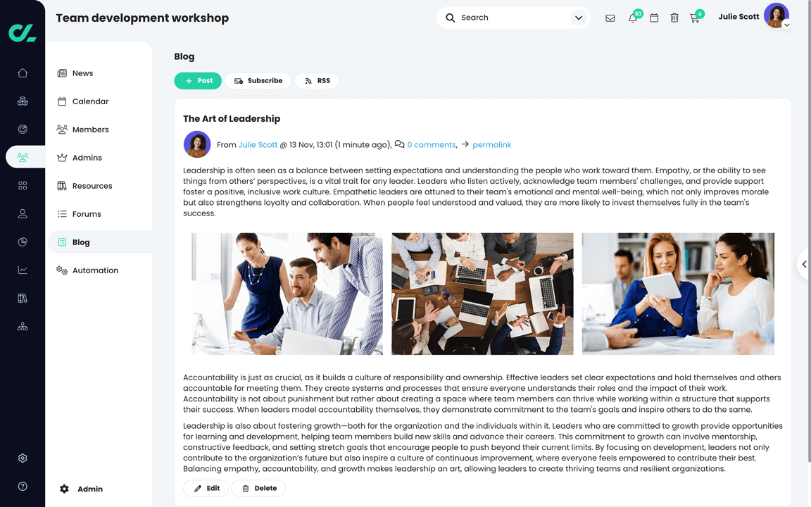 Group, Blog page showing a blog post