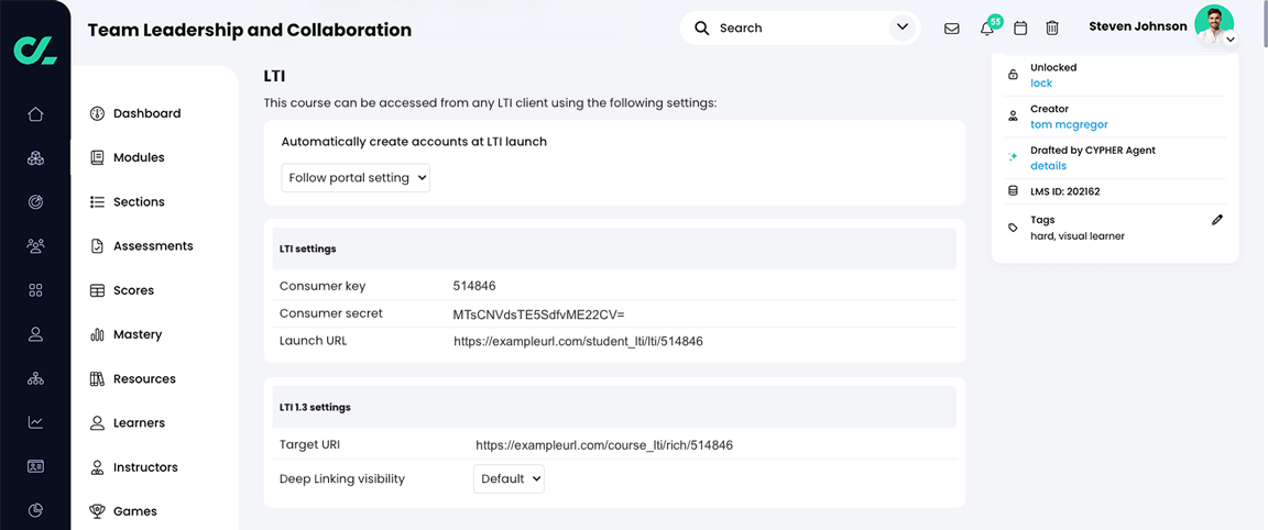 Course, Admin, More, LTI section
